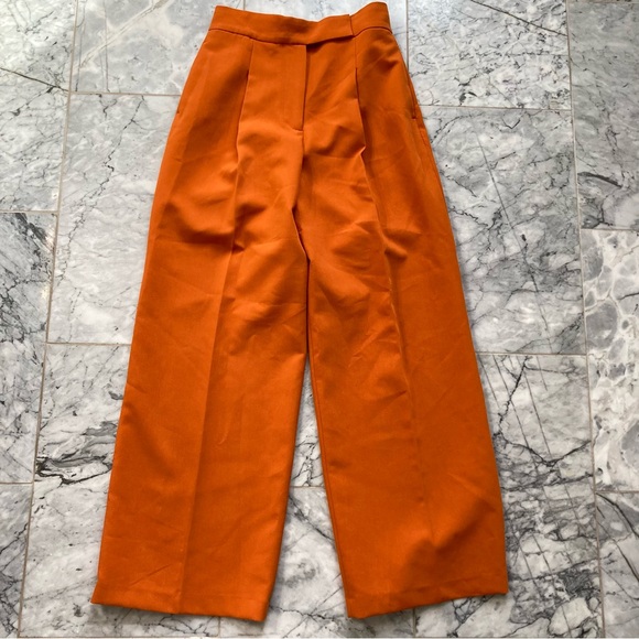 ZARA Pumpkin Orange High Rise Pleated Wide Leg Pants Trousers - Picture 7 of 7